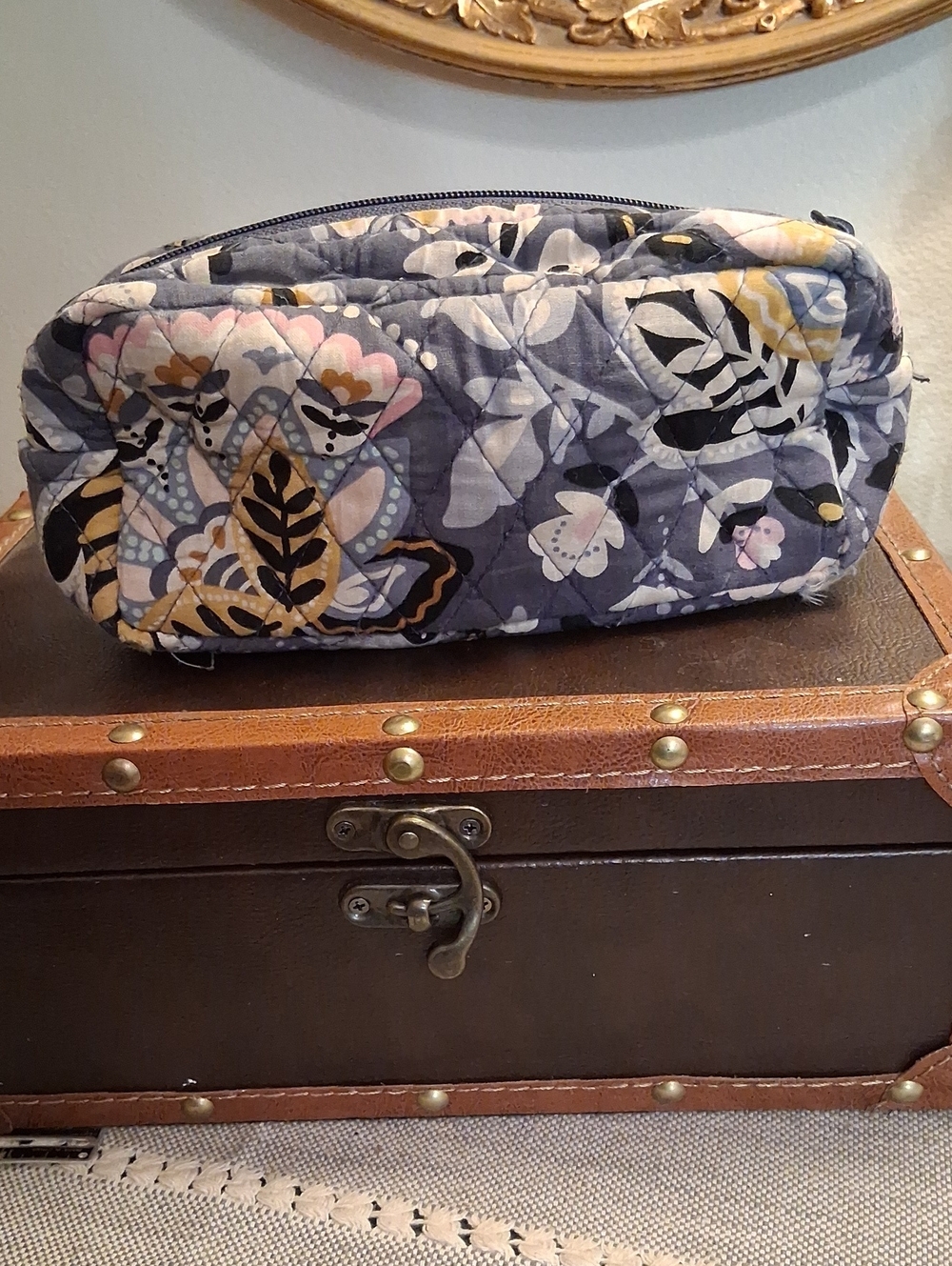 Vera Bradley Quilted Floral Cosmetic Pouch in Gray, Pink & Yellow